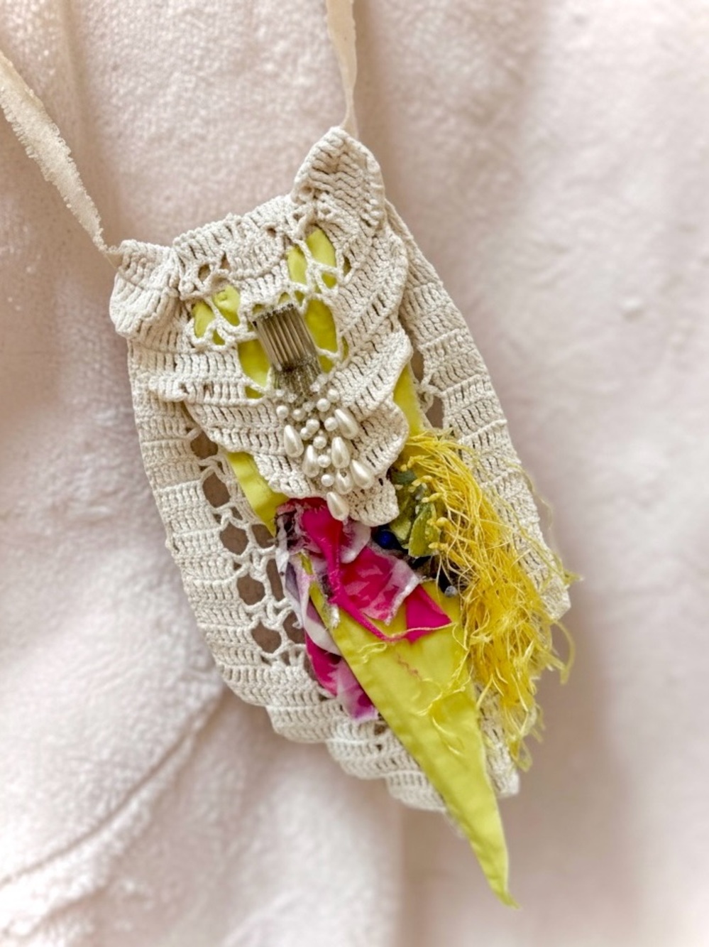 Vintage Shabby Chic Jabot Crocheted Necklace Collar Pearl Upcycled